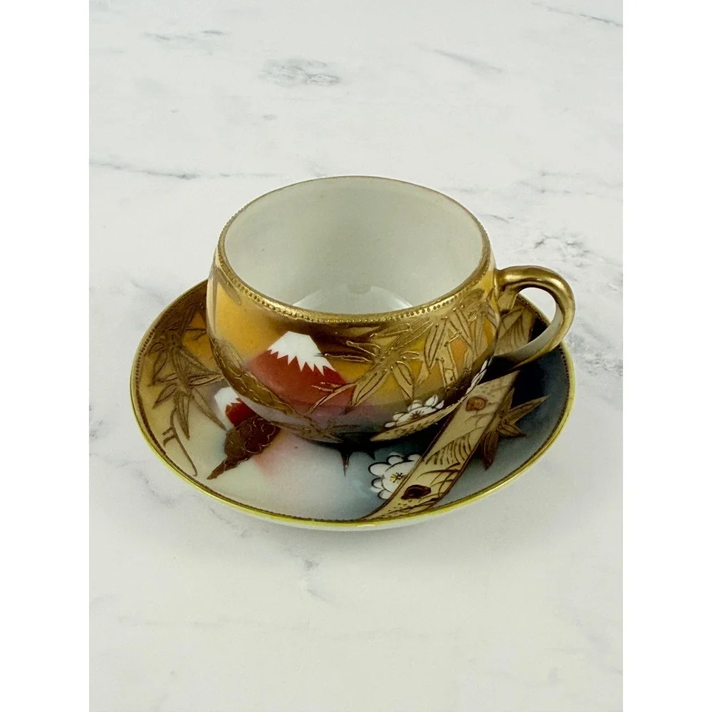 VTG Mt. Fuji Japan Hand Painted Teacup and Saucer Bamboo Gilded